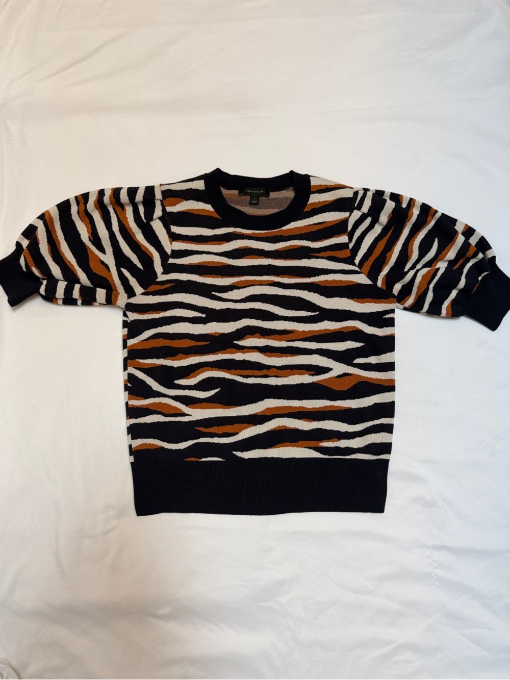 Ann Taylor Zebra-Stripe Crewneck Sweater in Black, Cream & Brown